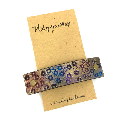 Wildflowers Rustic Stamped Leather Hair Barrette - Gold, Pink & Blue