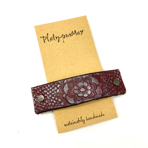 Red and Pewter Rose Flower Leather Hair Barrette