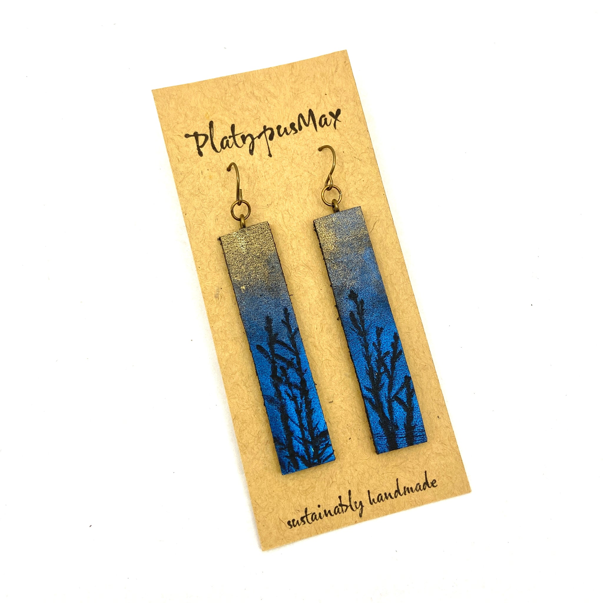 Moonlit Trees Blue & Gold Branches Leather Bar Earrings - Platypus Max