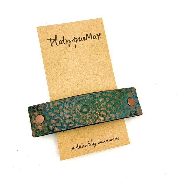 Weathered Copper Embossed Mandala Leather Barrette - Matte Green and Bronze Patina