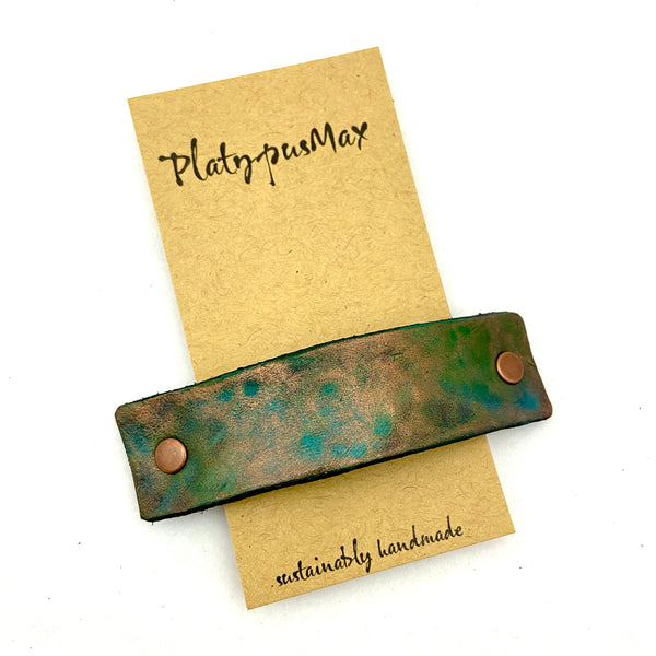 Hammered Antique Copper Leather Barrette - Rustic Texture