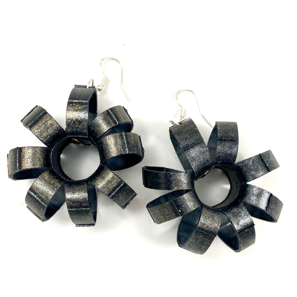 Upcycled Bike Tire Earrings: Lightweight, Giant Black, Silver & Gold Steampunk Gear Design