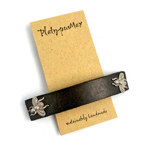 Silver Bees & Black Leather Barrette