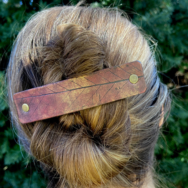 Autumn Red Rustic Beech Leaf Imprint Leather Hair Barrette