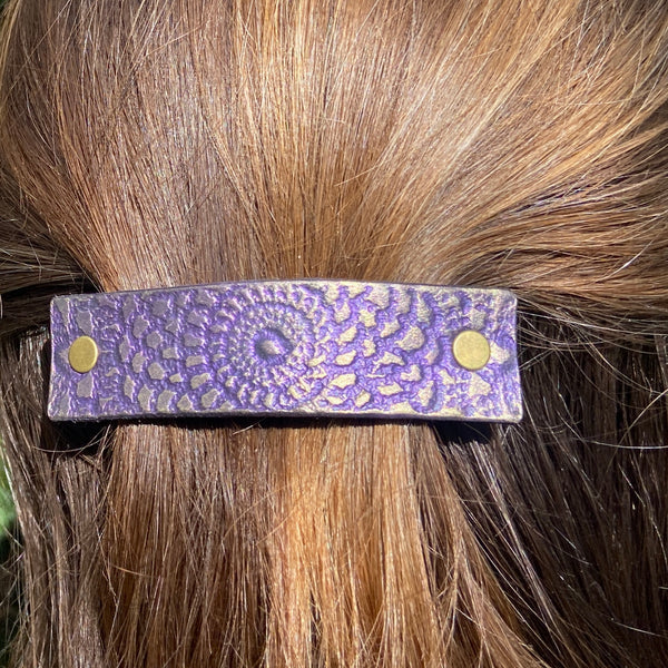 Shimmery Purple and Gold Embossed Mandala Leather Hair Barrette