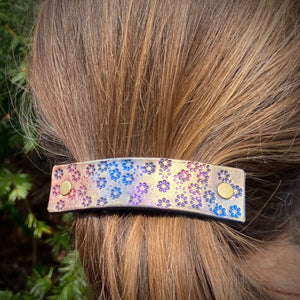 Wildflowers Rustic Stamped Leather Hair Barrette - Gold, Pink & Blue