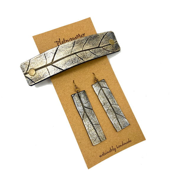 Silvery Gold Oak Leaf Imprint Barrette and Earring Gift Set - Platypus Max