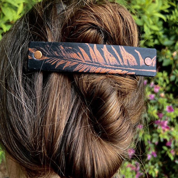 Copper Feather on Black Leather Hair Barrette