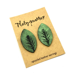 Green Shimmer Pine Tree Leather Marquise Stud Earrings