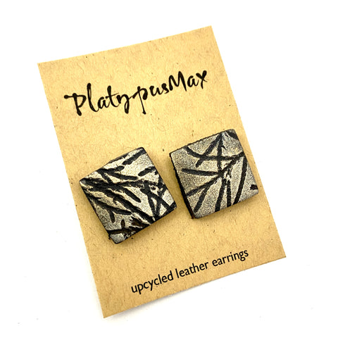Platinum Gold Pressed Branches Leather Square Stud Earrings