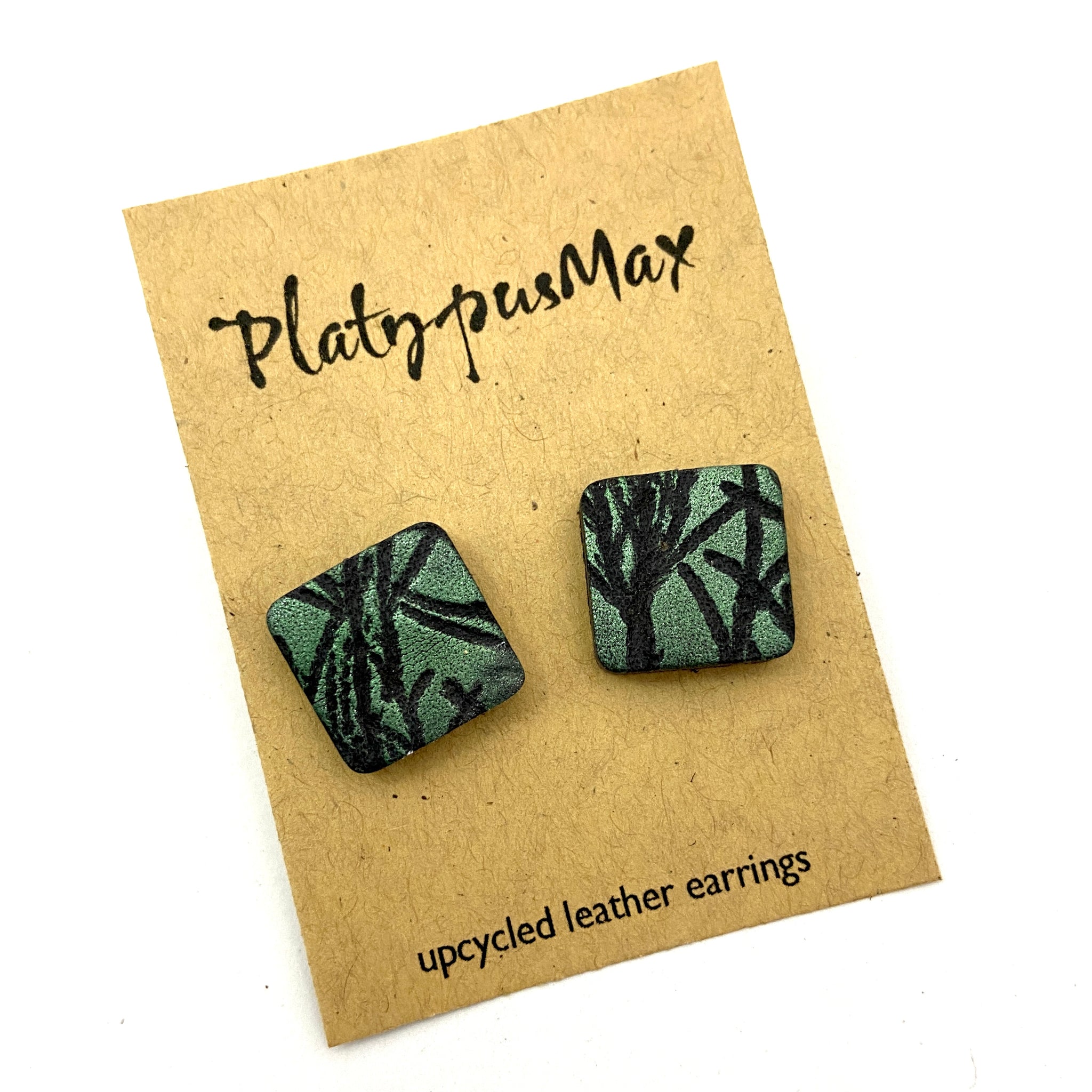 Shiny Green Branches Leather Square Stud Earrings - Platypus Max