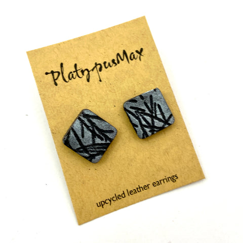 Silver Pressed Branches Leather Square Stud Earrings - Platypus Max