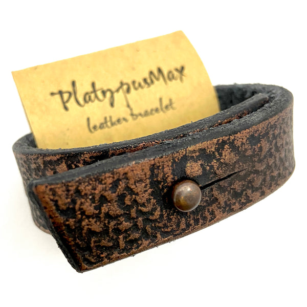 Rustic Chunky Copper and Black Leather Mandala Cuff Bracelet - Platypus Max