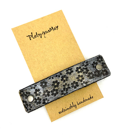 Tiny Platinum & Black Flowers Rustic Stamped Leather Hair Barrette