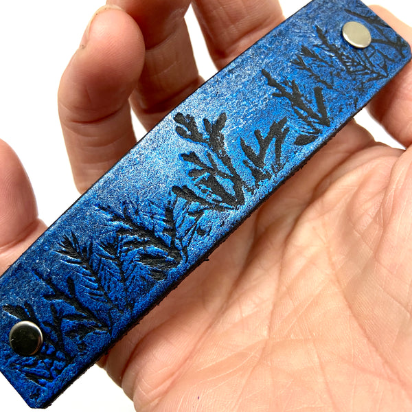 Tiny Forest / Trees Blue & Silver Shimmer Leather Hair Barrette