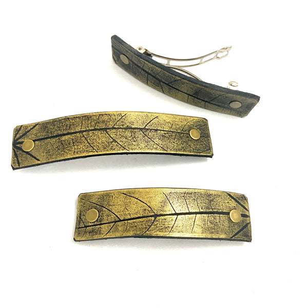Rustic Gold Oak Leaf Imprint Hair Clip / Leather Barrette