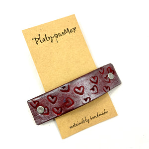 Crimson Red & Silver Stamped Hearts Hair Clip