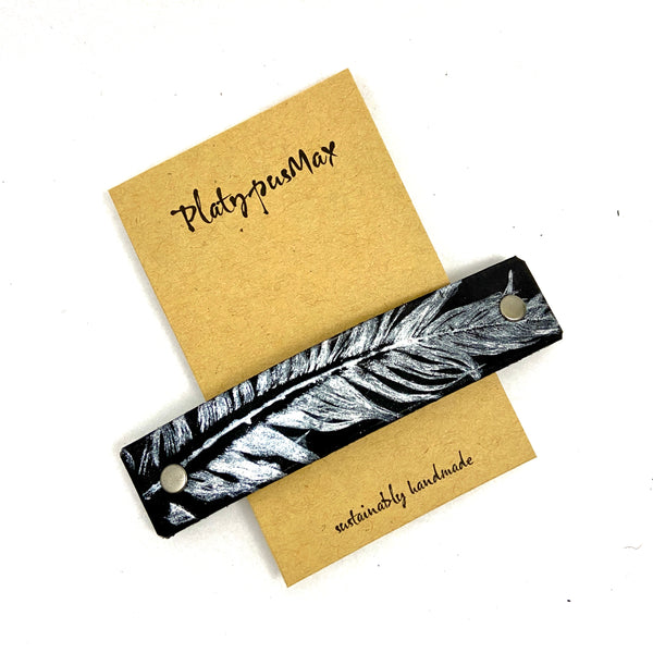 Silver Feather on Black Leather Hair Barrette