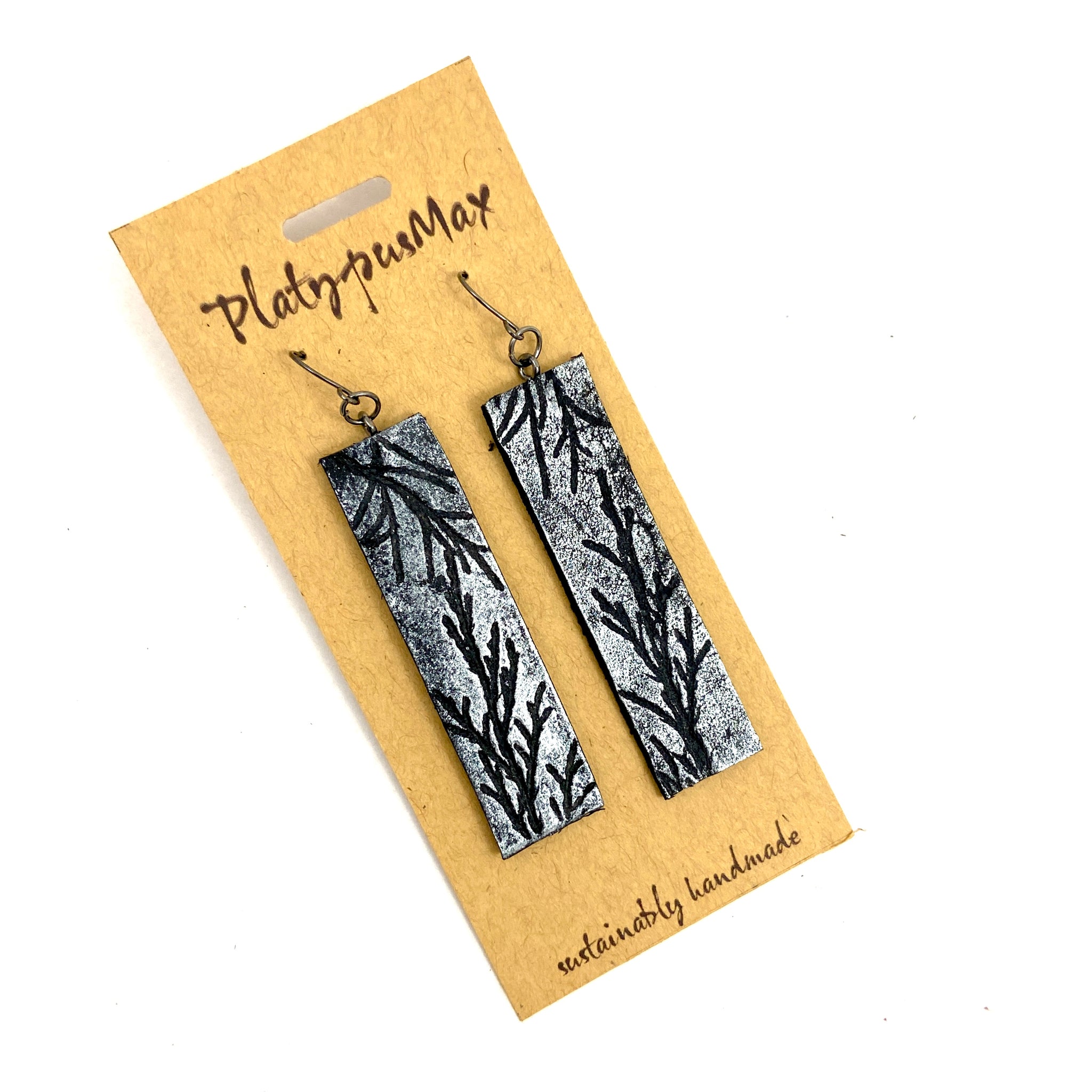 Silver & Black Juniper Branches Leather Bar Earrings - Platypus Max