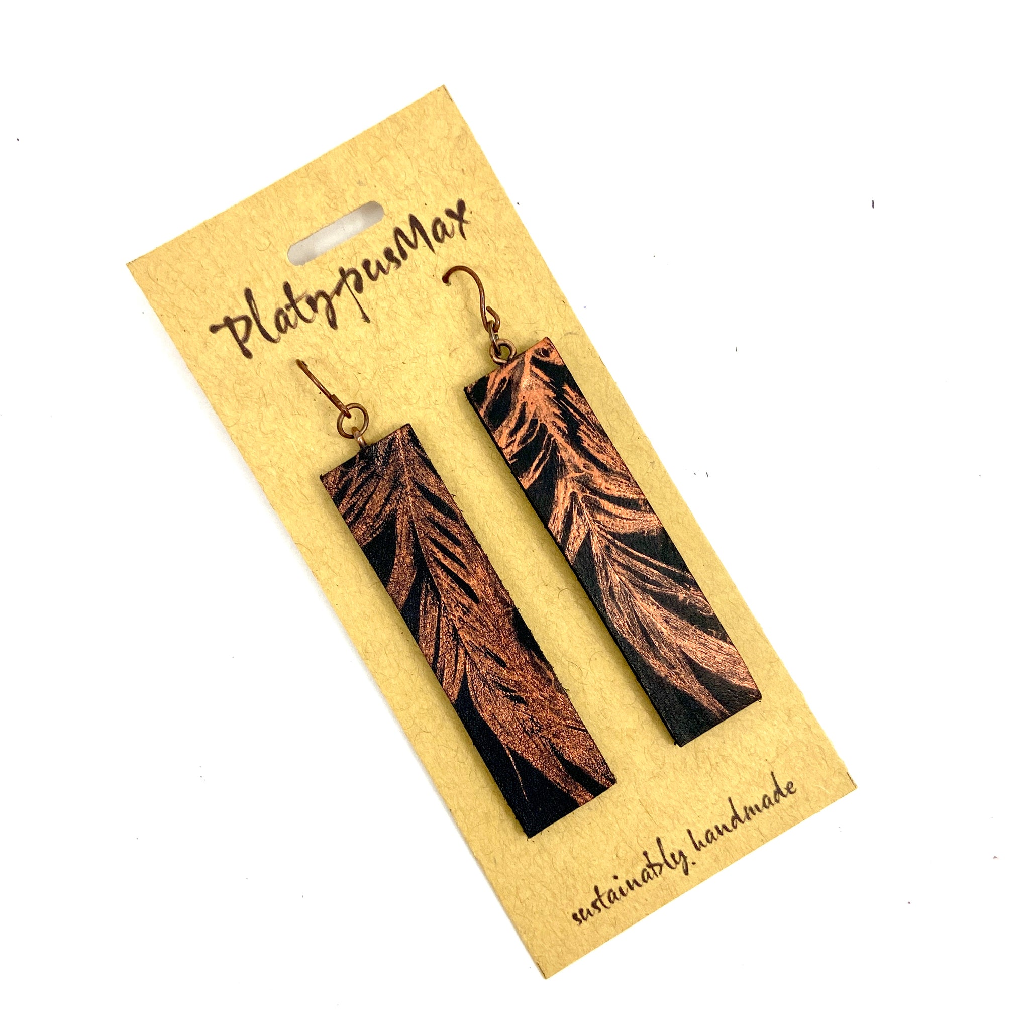Copper Feather on Black Leather Long Bar Earrings - Platypus Max