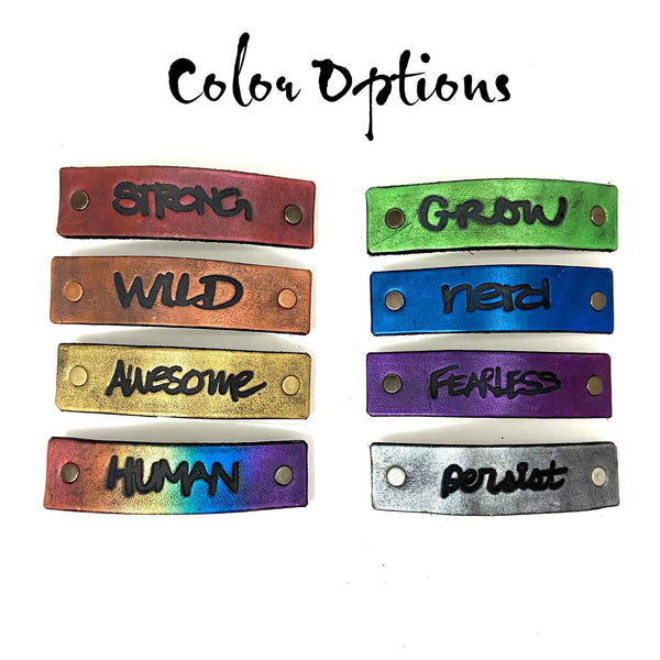 Custom Text Message / Stamped Words, Name, ZIP Code Leather Barrette