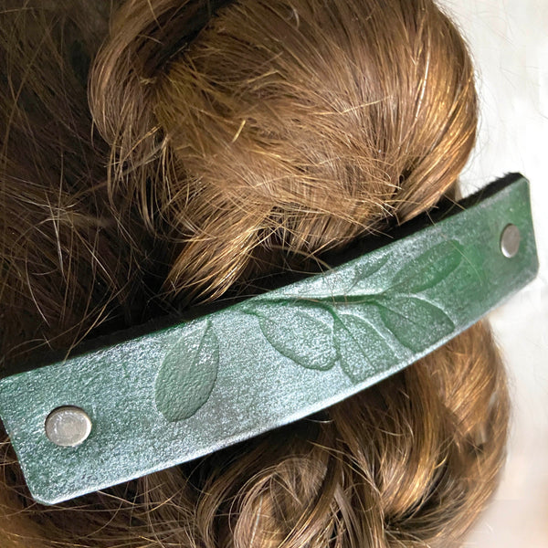 Green & Silver Leaves Leather Hair Barrette