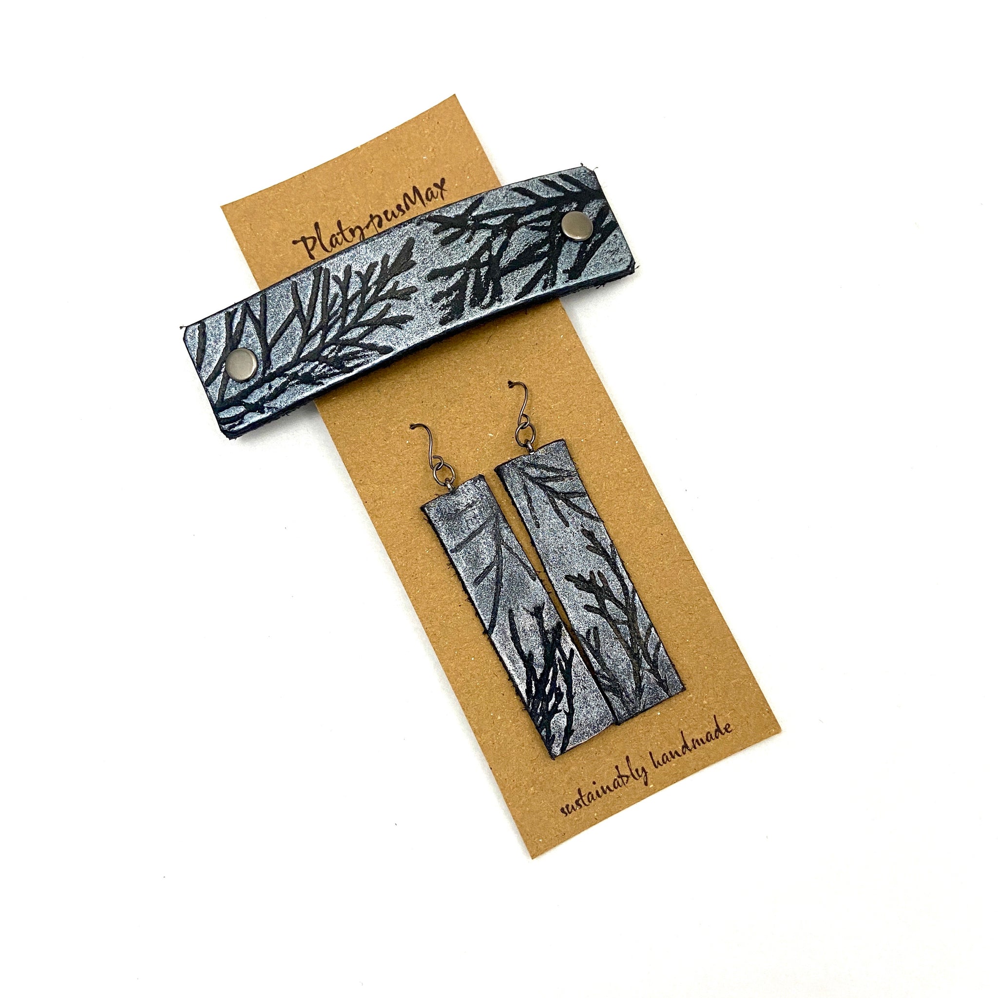 Silver & Black Juniper Branches Barrette and Earring Gift Set - Platypus Max