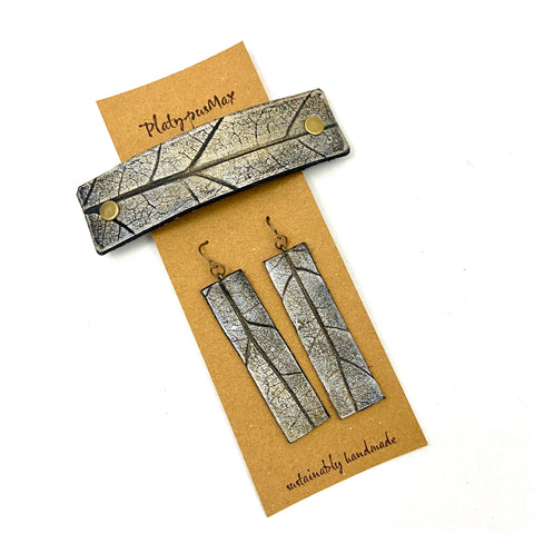 Silvery Gold Oak Leaf Imprint Barrette and Earring Gift Set - Platypus Max