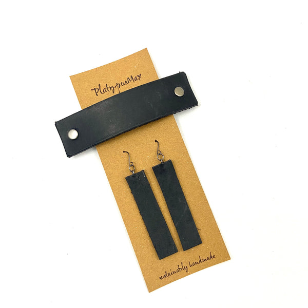 Basic Black Upcycled Leather Barrette and Earring Gift Set - Platypus Max
