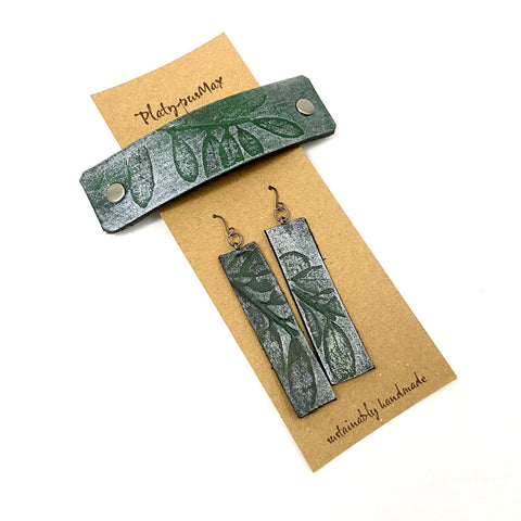 Green & Silver Embossed Leaves Barrette and Earring Gift Set - Platypus Max