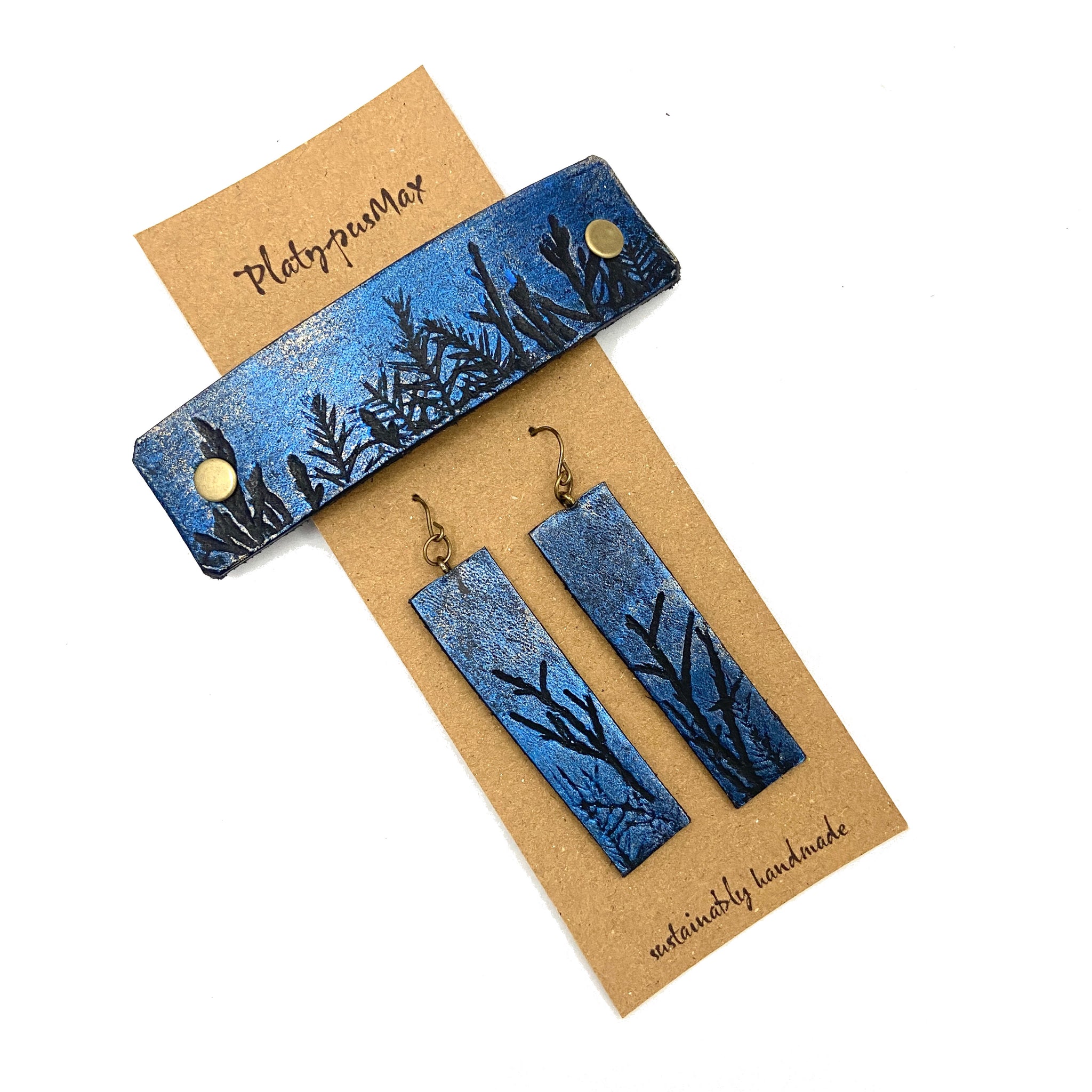 Moonlit Forest Trees Blue & Gold Barrette and Earring Gift Set - Platypus Max