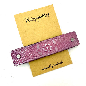 Rustic Pink Pewter Lace Flower Leather Hair Barrette