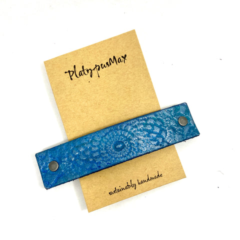 Brilliant Blue / Turquoise Lace Mandala Imprint Leather Hair Barrette