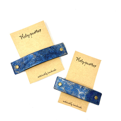 Lapis Blue & Gold Leather Barrette with Rustic Spirals Texture