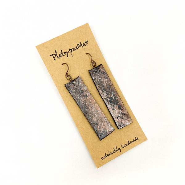 Bronze Weave Textured Leather Long Bar Earrings - Platypus Max