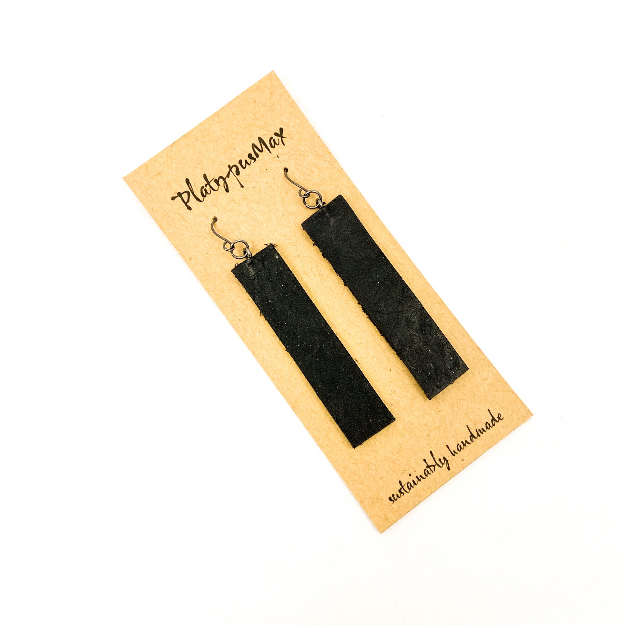 Basic Black All-Natural Leather Bar Dangle Earrings - Platypus Max