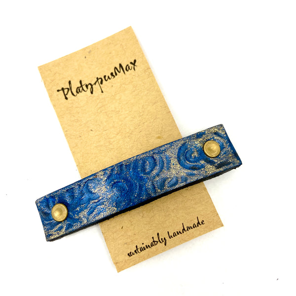Lapis Blue & Gold Leather Barrette with Rustic Spirals Texture