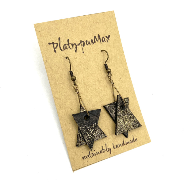 Rustic Star of David Dangle Earrings, Abstract Geometric Leather Design - Platypus Max