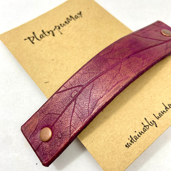 Purple and Copper Oak Leaf Imprint Leather Hair Barrette