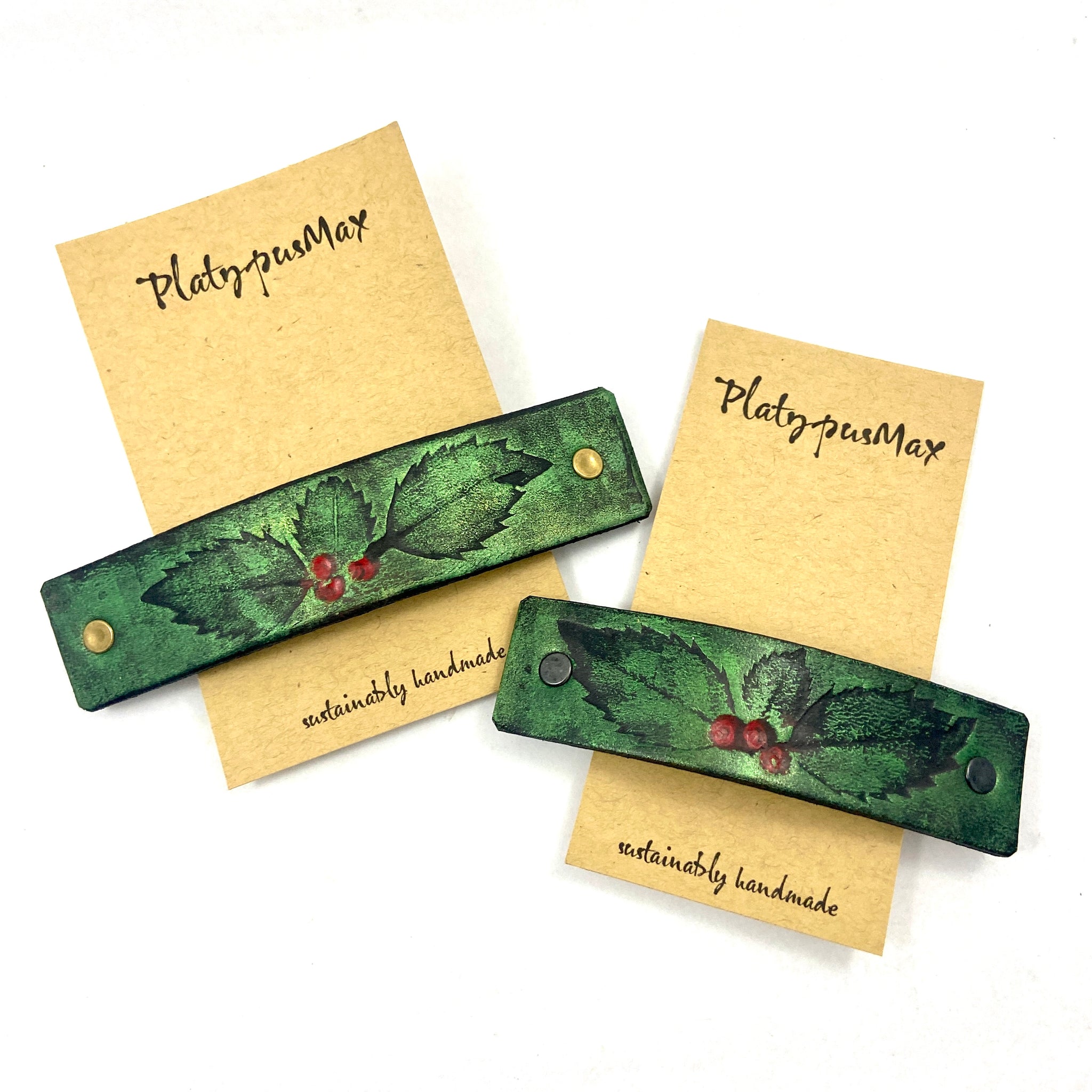 Green Holly Leaves & Red Berries Embossed Leather Hair Barrette