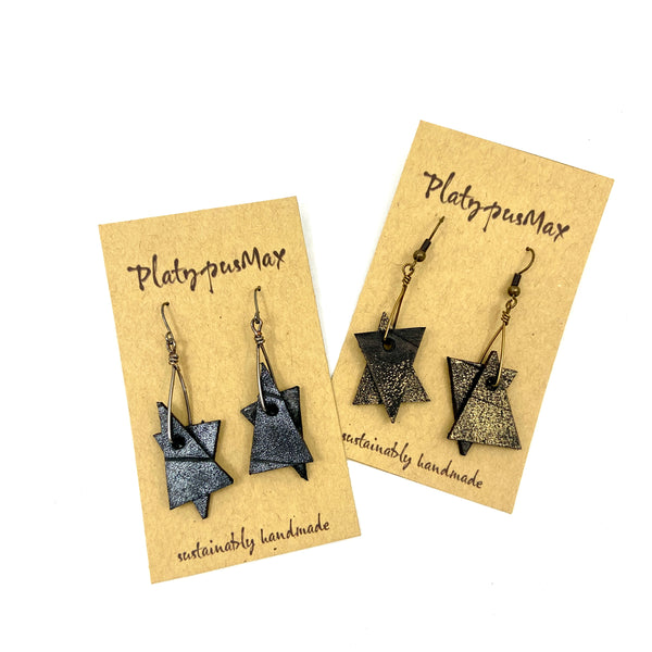 Rustic Star of David Dangle Earrings, Abstract Geometric Leather Design - Platypus Max