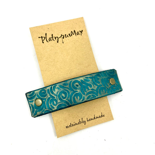 Turquoise & Gold Leather Barrette with Rustic Spirals Texture